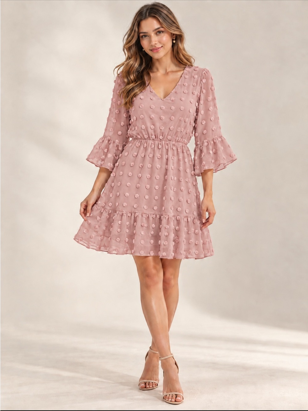 Women's Pink V-Neck Tiered Embroidered Dress